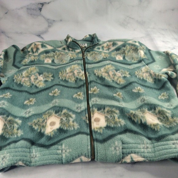 Vintage Teddi Size L Green Floral Jacket sweater full Zipper Pockets - Picture 3 of 8